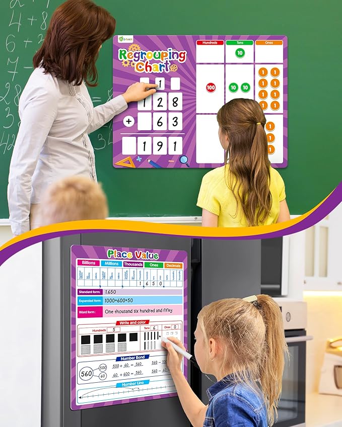 Regrouping Base Ten Place Value, Addition and Subtraction Math Manipulatives for 1st 2nd 3rd Grade, Double Sided Magnetic Dry Erase Board for Kids Classroom Must Haves Homeschool Supplies