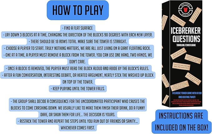 Icebreaker Questions Tumbling Tower Game™ - 54 Fun Conversation Starters - Family and Friends Party - Team-Building, Corporate, Get to Know You