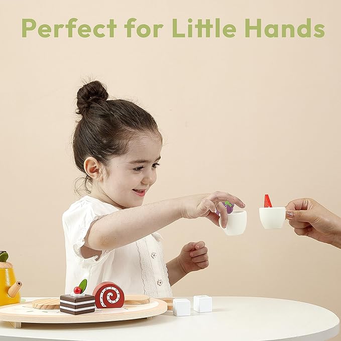 PairPear Wooden Tea Party Set for Little Girls 20pcs Pretend Play Fruit Tea Set with Pear Teapot, Dessert & Citrus Slices, Kids Kitchen Accessories Wooden Toys Food for Toddlers & Kids 3+