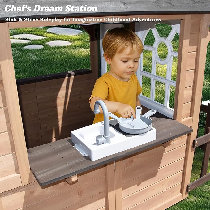 Kids Playhouse Outdoor, Wooden Play House Playset with Kitchen, Fence, Bench, Dog Door, Doorbell & Flower Pot,Fun Backyard Cottage for Ages 3-8 (Green)