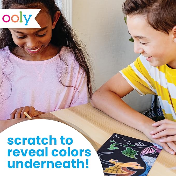 Ooly Scratch & Scribble 10pc Art Kit with 8 Total Scratch Cards (4 Illustrated, 2 Blank, 2 Rainbow) with Scratching Tool and Sparkled Stickers, Art Set Gifts for Kids - Dragons