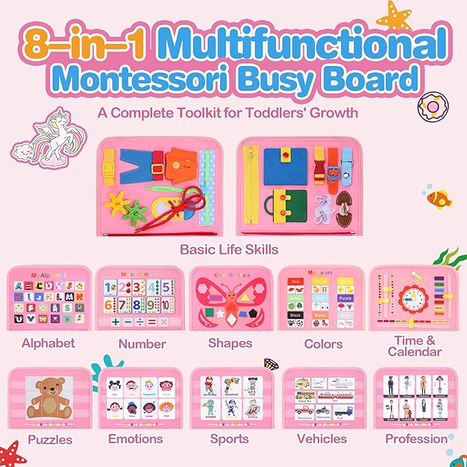 Busy Book Toddler, Montessori Busy Board, Activity Sensory Toys 2025 for Toddler Girls Christmas Birthday Gift, Educational Learning Quiet Book for Kids, Travel Toy for Airplane Car