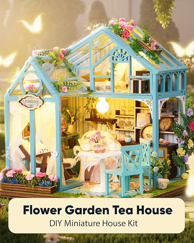 DIY Miniature House Kit, DIY Dollhouse Kit for Adults to Build, Mini House Kit with LED, Mayberry Street Miniatures, Ideal Gifts for Birthday, Halloween Christmas(Flower Garden Tea House)