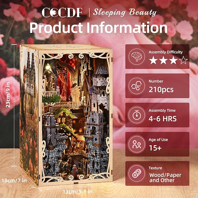 Book Nook Kit, DIY Miniature Dollhouse Booknook Kit, 3D Wooden Puzzle Bookend Bookshelf with LED Light for Adults Teens, Gifts for Family and Friends (Sleeping Beauty)