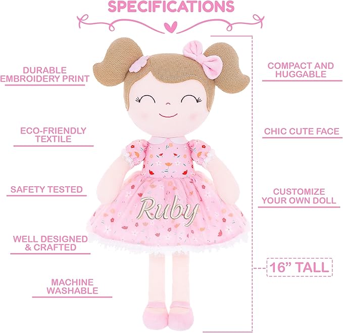 Gloveleya Personalized Doll with Embroidered Name - Floral Pink Custom Plush Doll for Girls Cute Plush Doll Customized Gift - Muñecas de Trapo Personalizadas para Niñas