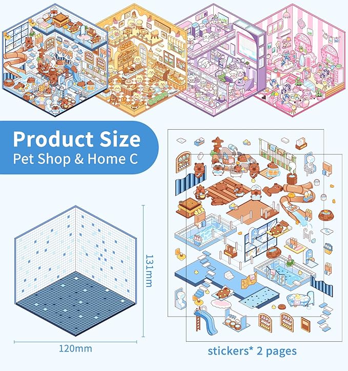 DIY 3D House Stickers, 4 Sets Fun DIY Stickers Scene Make Your Own Mini House Cute Cartoon Animal Scene Sticker for Kids Adult Sticker Art Relief Stress Pass The Time
