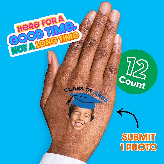 Big Dot of Happiness Custom Photo Blue Grad Cap, Personalized Graduation Party Favors, Fun Face Temporary Tattoos, Set of 12