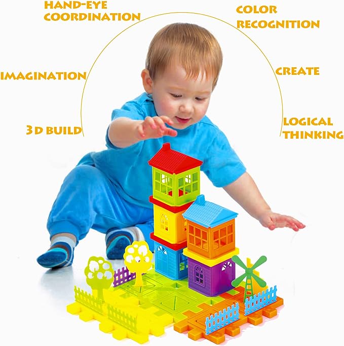 Waffle Blocks for Kids- 98 Piece Toddler Building Blocks -Excllent Interlocking Toys - Brightly Colored Toy Building Sets,House Toys and Games,Large Building Sets for Kids of All Ages