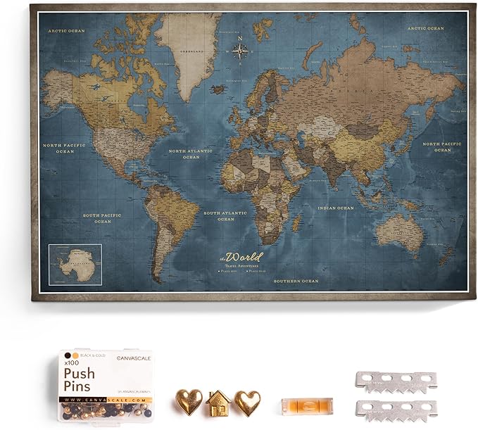 Canvas World Map with Cork Pin Board - English Lettering - Decorative Wall Decoration for All Rooms - Canvas Pictures with World Map Motif (70x50 cm, Pattern 13)