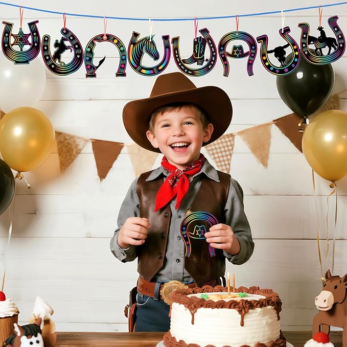 Western Cowboy Scratch Cards 80 Pcs Horseshoe Rainbow Scratch Art Paper with Wooden Stylus for Boys and Girls DIY Colorful Horse Craft Kits Home School Western Theme Birthday Festive Party Favors