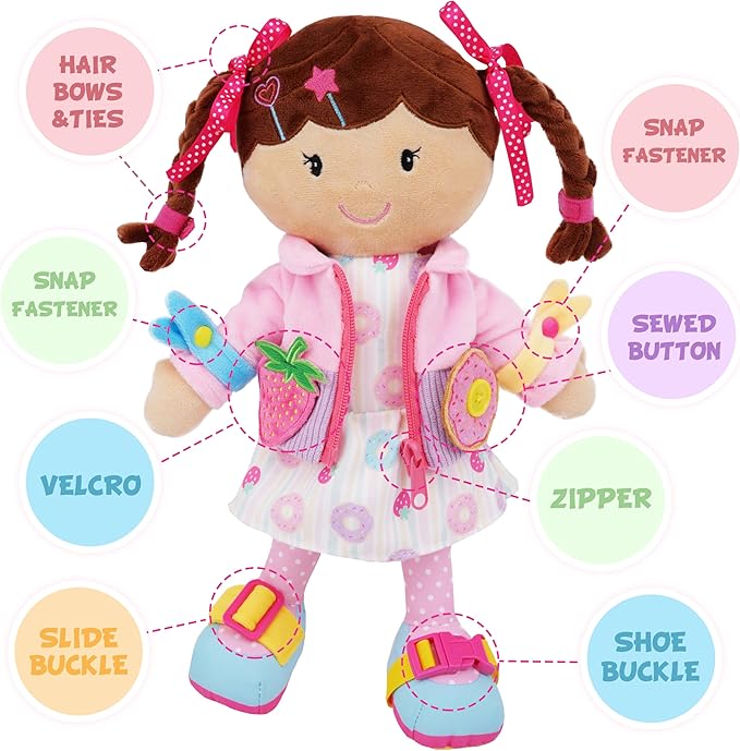 June Garden 15.5" Dressy Friends Daisy - Educational Stuffed Plush Doll for Kids and Toddlers 2 Years and Up - Montessori Buckle Soft Toy