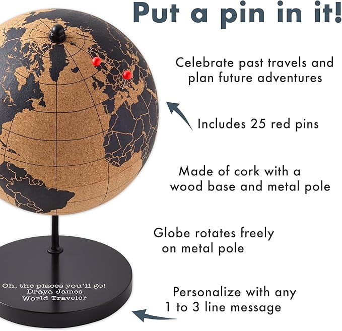 Let's Make Memories Personalized Cork Globe - The Places You'll Go - Graduation Gift - for Travel Lovers - Customize with Message - 7.5" Hx5.5 Dia