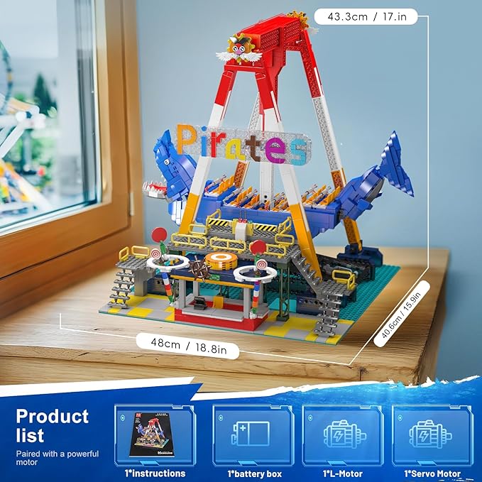 Mould King Pirate Ship Building Set, 1922+ Pcs Amusement Park Model Kit with Shark Shape, Swing Boat with Motor, Home Decoration Building Toys for Teens and Adults, Collectible Gift for Birthday