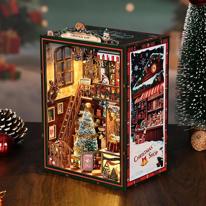 Book Nook Kit for Adults, 3D DIY Wooden Holiday Theme Miniature House Craft Kit Bookshelf Christmas Decor Halloween Birthday Gift