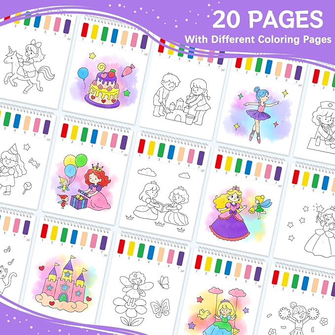 Paint with Water Coloring Books for Toddlers,Mess Free Watercolor Painting Papers for Kids Water Color Paint Kit Art Craft Birthday Gift for Ages 1-3, 4-8(Princess and Party)