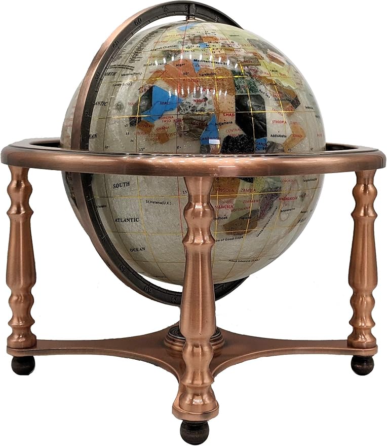 Limited Edition! Unique Art Since 1996 Pearl Ocean Table Top Gemstone World Globe with 4 Leg Copper Plated Zinc Alloy Stand (220MM/PEARL OCEAN/4LEG COPPER)