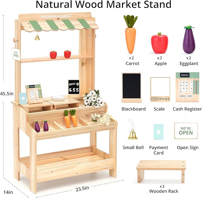 PairPear Wooden Mud Grocery Stand, 2-in-1 Outdoor Market Stand & Mud Kitchen for Kids Outdoor, Montessori Pretend Play Toy with 14 Accessories, Cash Register & Play Food, Ages 3+