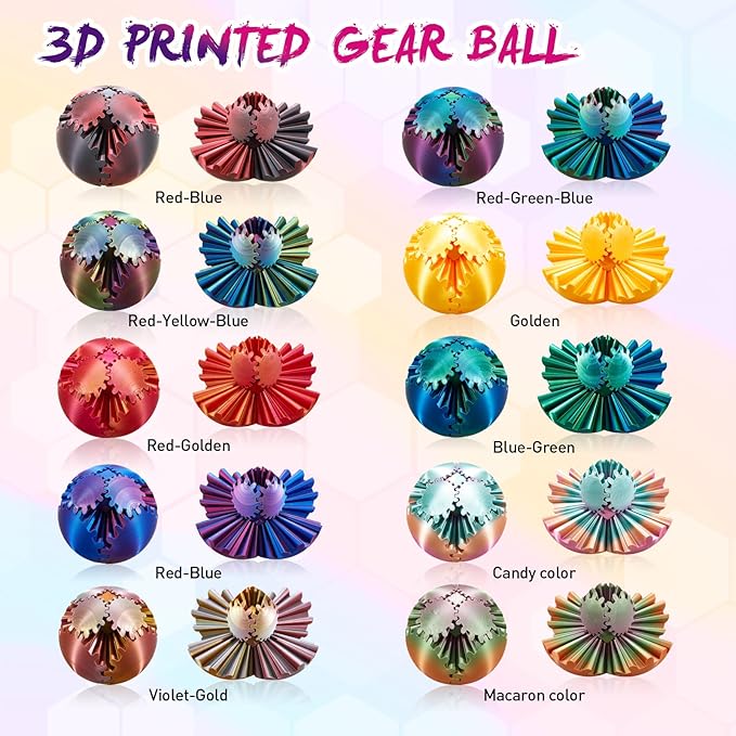 Gear Ball-3D Printed Gear Sphere,3D Printed Spin Ball Cube Fidget Toy,The Steampunk Whirling Wonder Fidget Ball Toy (Candy Rainbow)