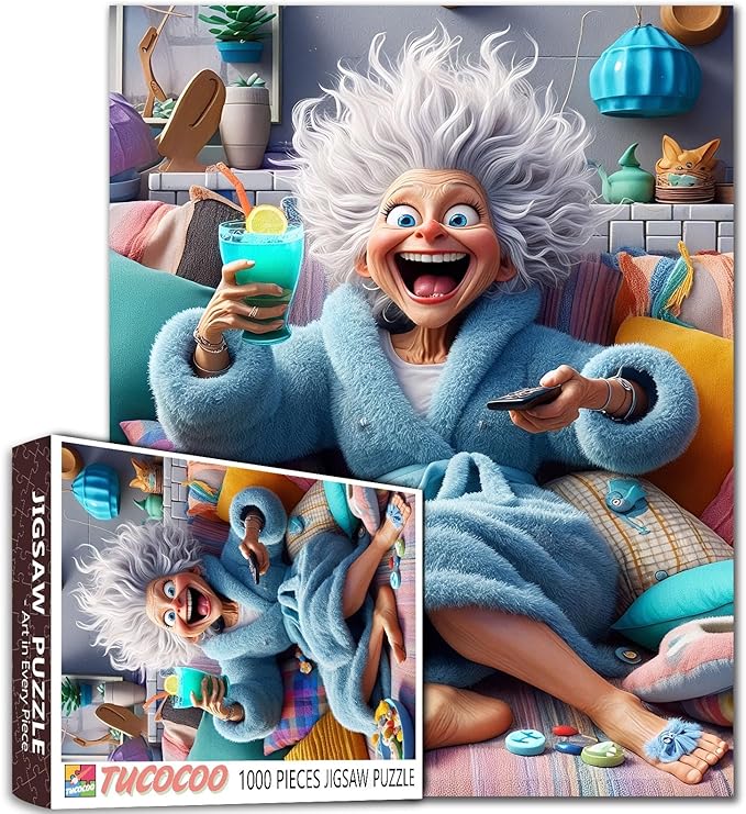 Funny Blue Bathrobe Grandma Jigsaw Puzzle for Adults 1000 Pieces Cozy Living Room Scene Whimsical Home Decor Relaxing Game 20×27 Inches Unique Gifts for Puzzle Lovers Family Entertainment