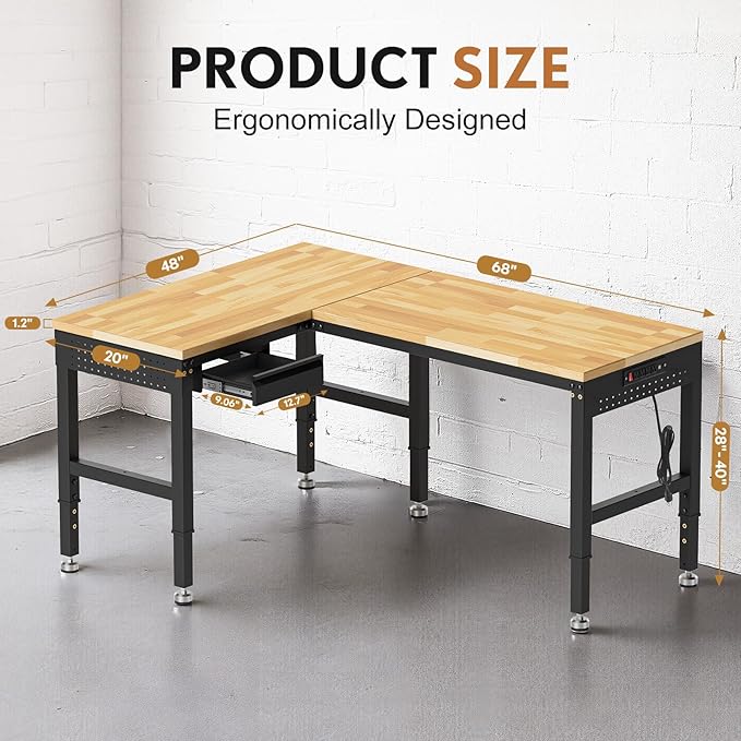 96”L-Shaped Heavy Duty Work Bench, Heights Adjustable Workbench, 5000 LBS Load Capacity, Work Benches for Garage with Power Outlet & Pegboard, Rubber Wood Work Table for Office, Workshop, Home