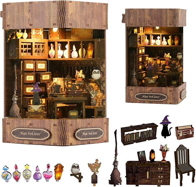 Book Nook Kit - DIY Enchanted Cottage Miniature House for Adults & Teens, 3D Wooden Puzzle Booknook with LED Lights, Bookshelf Insert Decor & Creative Model Building（Magic Bookstore）
