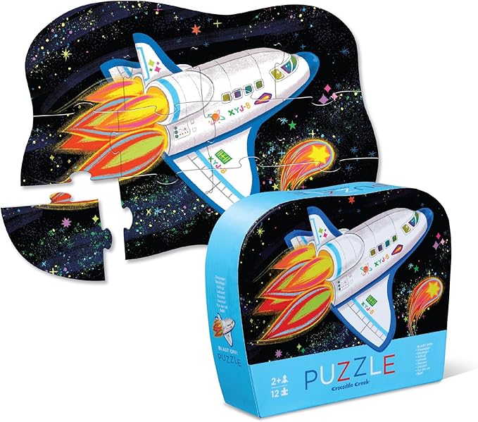 Crocodile Creek 12-Piece Mini Jigsaw Puzzle - Fun Floor Puzzles for Kids Ages 2-4 and Up - Heavy-Duty Shaped Box for Storage - Blast Off - 12" x 9" Finished