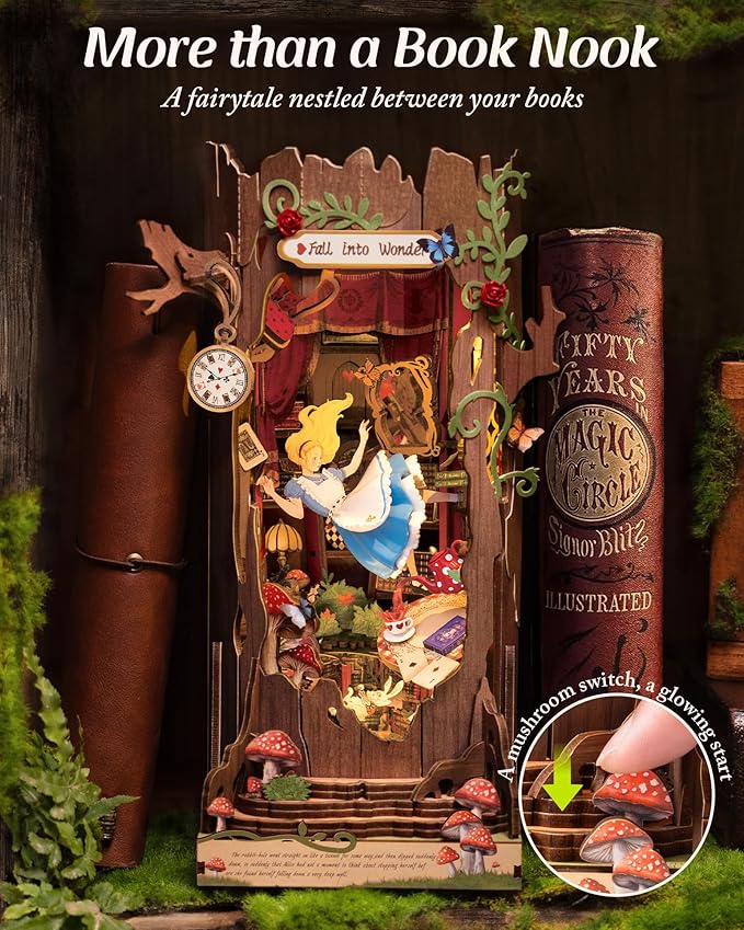 ROBOTIME Book Nook Kit, Fairy Tale Princess DIY Miniature House Kit, Fall into Wonder 3D Wooden Puzzle Bookends, Tiny House Bookshelf Decor Creative Decorative Unique Gifts for Adults & Teens
