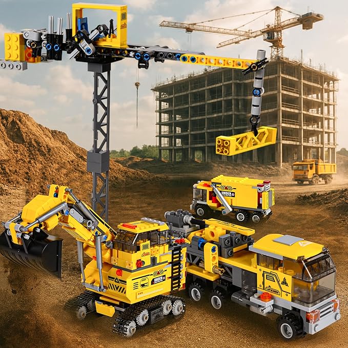8 in 1 Excavator Toy Building Blocks Kit with Tower Crane, Tractor, Crawler Dozer, Box Dump Truck, Cross Country Vehicle, Command Car, Transport Vehicle – Construction Toys Set for Boys & Girls