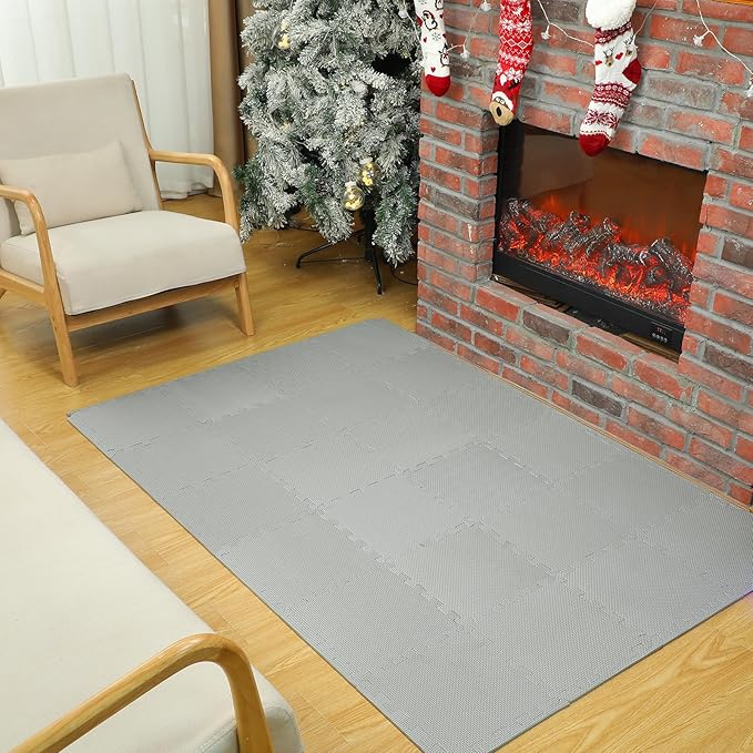 Nuanchu 60 Pcs Kids Foam Puzzle Floor Mat Bulk Solid Color Foam Play Mat with Borders Interlocking Multi Use Floor Rug for Baby Toddler Children Crawling Exercise Playroom 12 inch (Gray)
