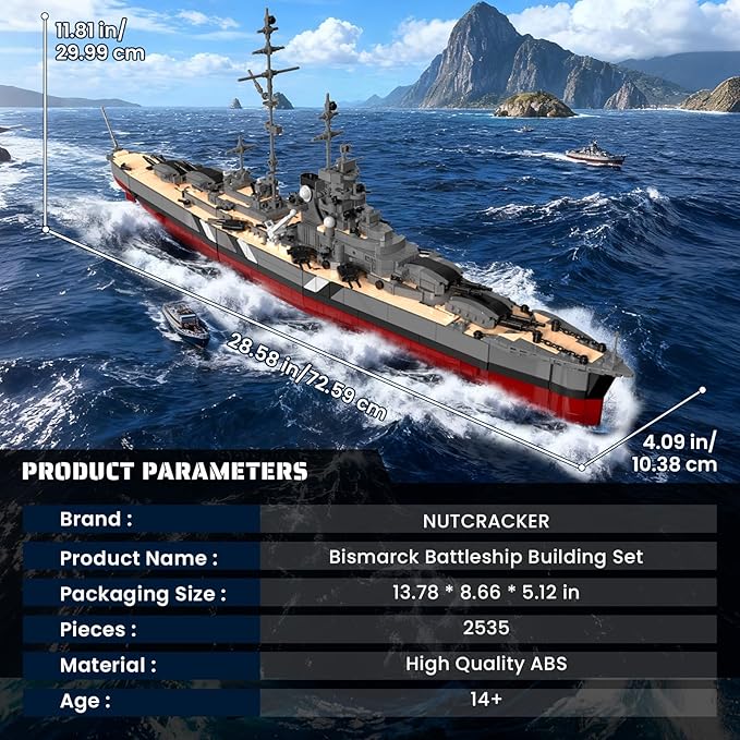 NUTCRACKER Military Building Set for Adults, 2535 Pcs WWII German Bismarck Battleship Model, 60015 Warship Building Block Kit, Collectible Display Gift for Military Enthusiasts