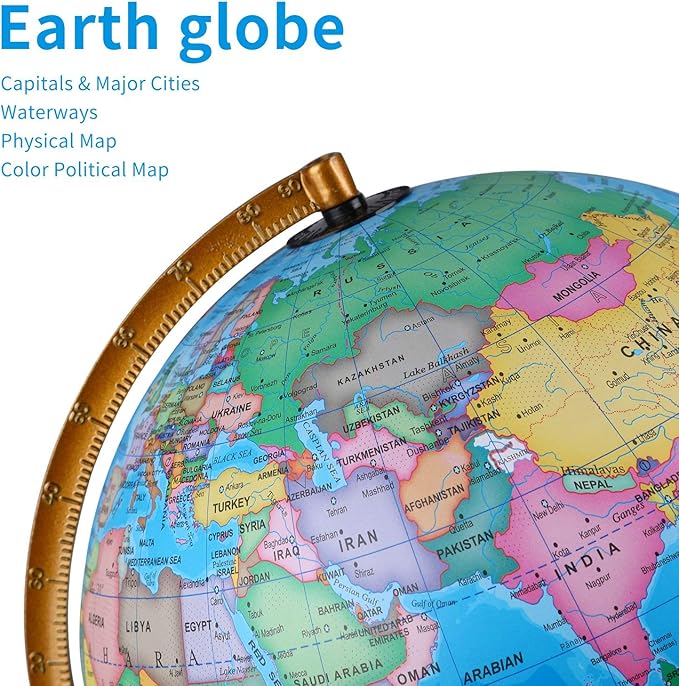 Illuminated World Globe for Kids & Adults All Ages with Wooden Stand 7 in 1- Night View Stars Map Constellation Globe with Detailed Colorful World,Built-in LED Bulb, Educational Gift