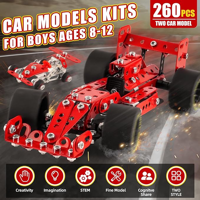 Car Building Kits for Boys 8-12,Building Cars Metal Erector Set,Racing Car Building Kits for Boys 12-15,Assembly Red Vehicle Model for Kids Kids 8+ Years Old（260Pieces）