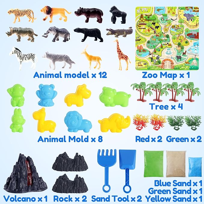 Billeeit Animal Sensory Bin Sand Toy, Play Sand Kit w/lid and 2.2lbs Magic Sand, Molds, Tools, Map Set 35pcs Total, Fun Gift for Kids 3+