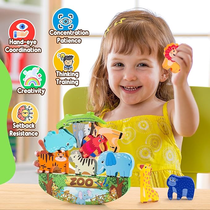 Wooden Animal Blocks Stacking Toy Kids Christmas Birthday Gifts for Boy Girl Age 3-7 Animals Montessori Toddler Toys 3 4 5 6 7 8 Year Old Boys Girls Educational Toys Fine Motor Balance Game