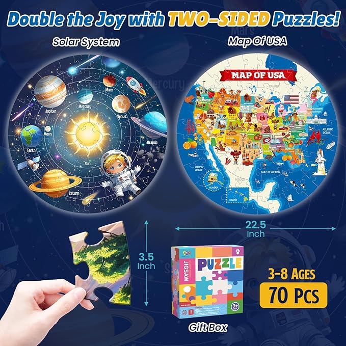 ELX 70 Piece Space Large Floor Puzzle for Kids Ages 5-8, Solar System Globe & USA Map Jigsaw Puzzles,Double-Sided Planet Round Puzzle for Toddlers,Geography Educational Toys for Boys&Girls (22.5 Inch)
