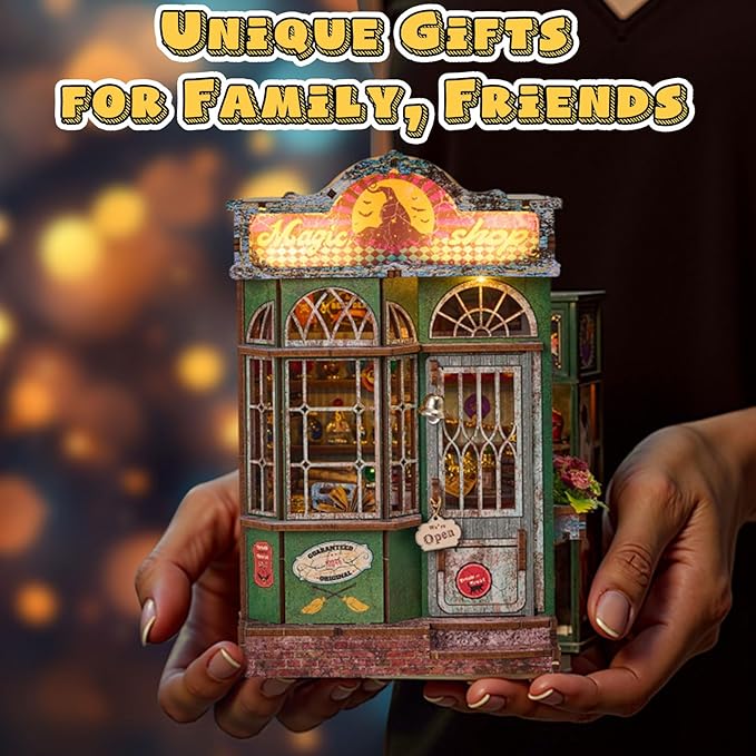 Magic Shop Miniature House Kit,DIY Miniature Dollhouse Kit with LED & Furniture,Mini Diorama House Building Kit for Adults,Tiny House Mini Model Kit Wooden Crafts,Bookshelf & Home Decor Gifts