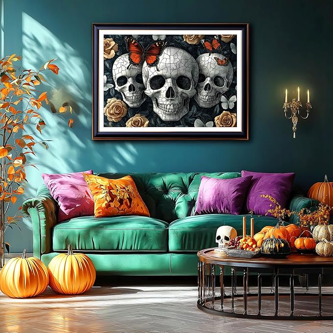 Halloween Gothic Skulls & Butterflies 1000 Piece Puzzle for Adults - Dark Fantasy Jigsaw Puzzle with Intricate Skulls, Monarch Butterflies & Roses - Challenging 1000-Piece Puzzle for Adults(27"x19")