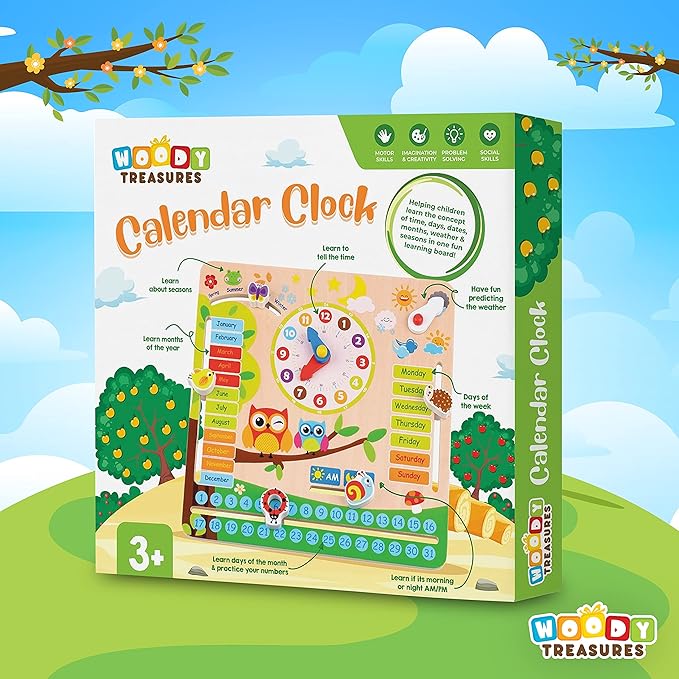 Montessori Wooden Toys Kids Clock - Wooden Toy for 3 Year Olds - Unique Learning Toy for Toddlers Learn About Seasons, Months, Days of Week, Time Telling - Educational and Fun