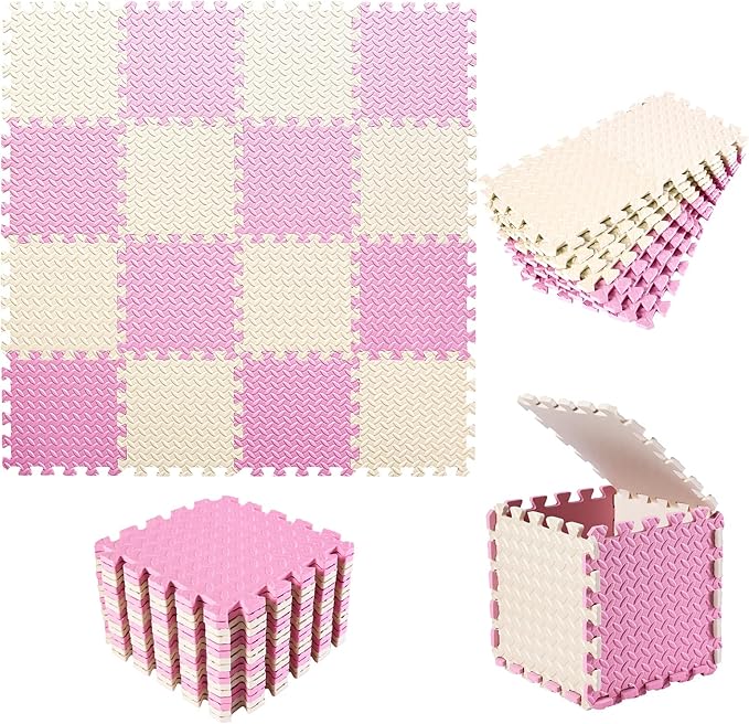 16 Tiles, 0.4 Inch Thicked Interlocking Floor Mats with Solid Colors, Squares Baby Play Mat, EVA Foam Puzzle Floor Mat Foam Mats for Kids, Baby, Toddlers (Beige/Pink)