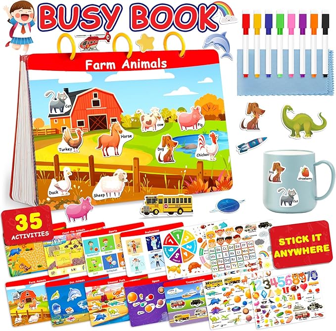 Montessori Busy Book & Tracing Activity Coloring Books & Jelly Stickers 3-in-1 for Toddlers 3-5, Preschool Learning Activities Book with 35 thems ,Autism Sensory Toys, Travel Christmas Birthday Gifts