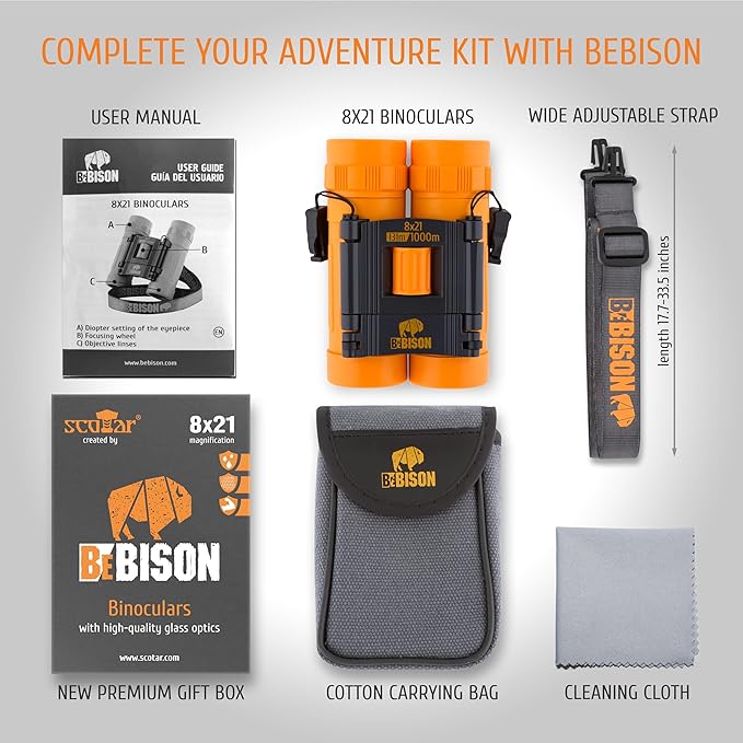BeBison Binoculars for Kids - 8x21 High Resolution Real Optics - Compact Folding Shockproof Kids Binoculars for Bird Watching - Spy Games - Outdoor Play for Boys and Girl