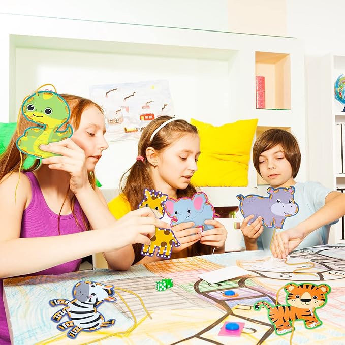 10 Pieces Kids Jungle Animal Lacing Cards Safari Animal Sewing Cards Thick Cardboard Double Sided Lacing Playing Games for Children Toddler Developing Imagination Education Supplies (Jungle Style)