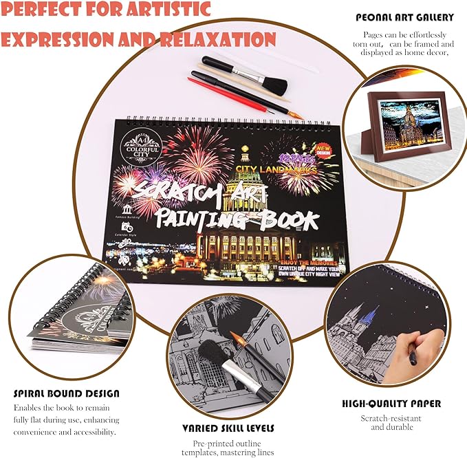 Scratch Art Book for Adults - 12PCS Scratch Painting Foil Art for Adults Scratch City Series Books Foil Engraving Scratch Art Adult Set with 6 Tools