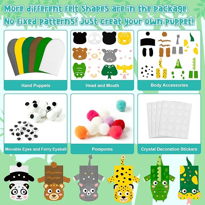 WATINC 6Pcs Hand Puppet Making Kit, Art Craft Felt Sock Puppet Toys, Creative DIY Make Your Own Pompoms Wiggle Googly Eyes Storytelling Role Play Party Supplies Gift for Girls Boys (Wild Animals B)