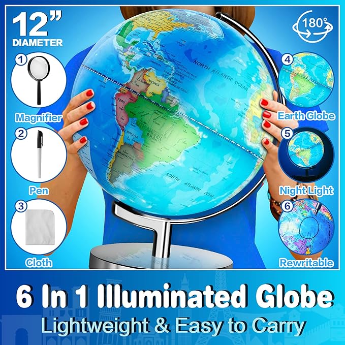 6 in1 Illuminated Large World Globe for Kids & Adults All Ages High Clear Map 12inch, Illuminates Educational Interactive STEM Toy, Light Up Kids Globe Lamp,Gifts For Boys And Girls