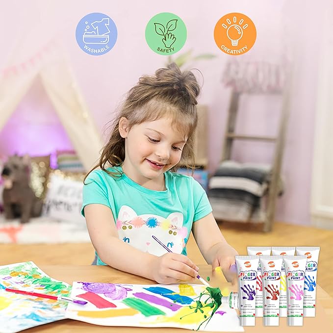 Early Learning Kids Paint Kit Washable Finger Paints with Assorted Painting Brushes Stamps Sponges Palette for Toddlers Children Crafts Drawing Gift Age 3+