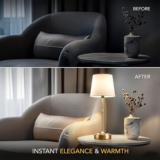 Wireless Table Lamp - Rechargeable LED Desk Lamp with Dimmer, 3 Brightness Levels, Swedish Design for Home, LED Light Bulb Included, for Office, Kitchen or Bedroom (Gold)