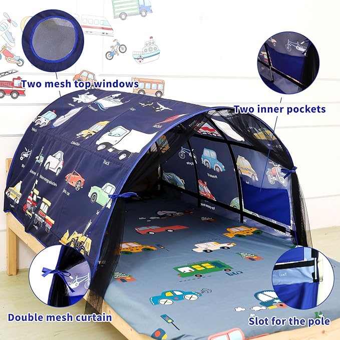 Kids Bed Tent Twin Beds - Zoos and Cars Wonder Play Tents Boys Girls Ventilated Indoor Play Tent Children Promotes Independent Play, Stimulates Imagination Set-Up Playhouse (Car)