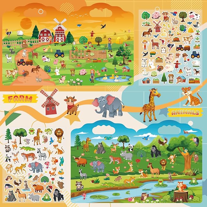 6Set Reusable Sticker Books for Toddlers 2-4 Years, Toddler Sticker Books Ages 1-3, Kids Puffy Activity Book Set Include Animal,Farm,Princess,Vehicles,Ocean,Dinosaurs