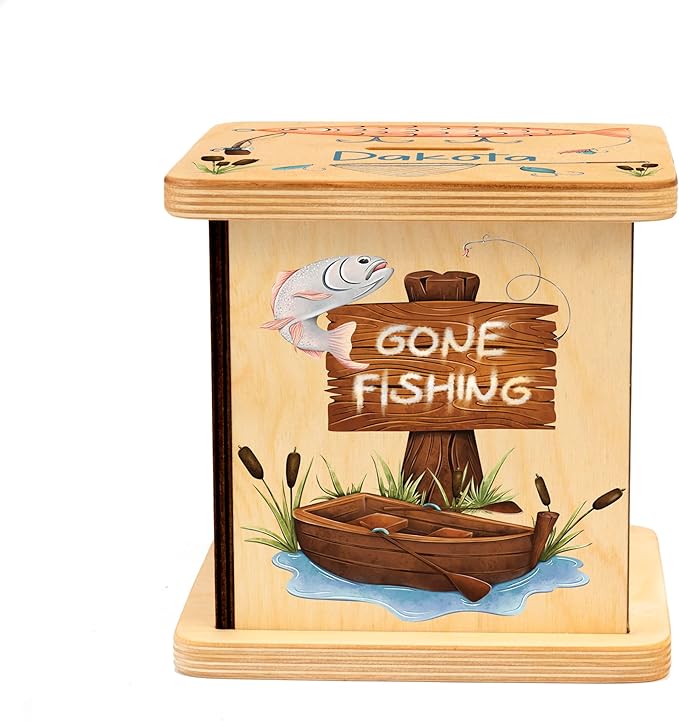 Wooden Piggy Bank for Kids and Adults, Personalized Gift Handmade in USA by BloomOwl, Custom Piggy Bank, Personalized Banks for Kids, Gifts for Baby Boys and Girls (Fishing)